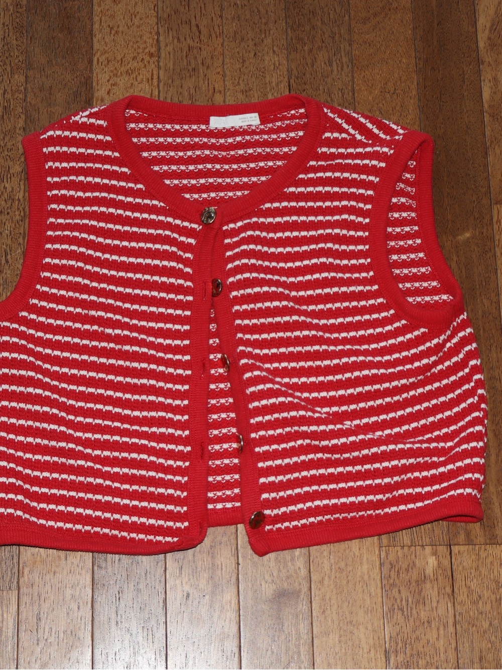 Zara Red and White Striped Knit Button-Front Sleeveless Cardigan